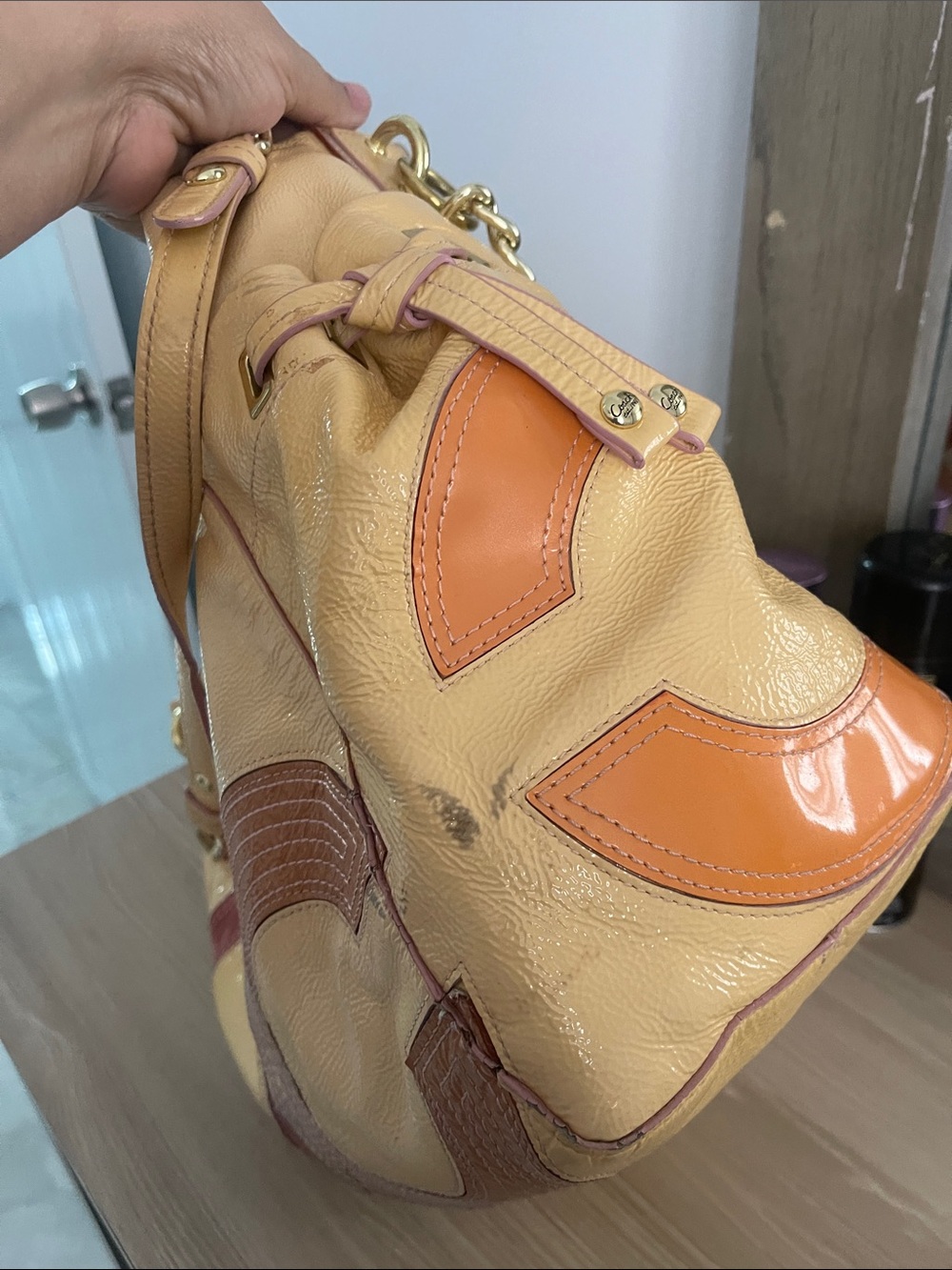 Coach Patchwork C Logo Tote in Yellow, Red and Brown - Picture 6 of 13